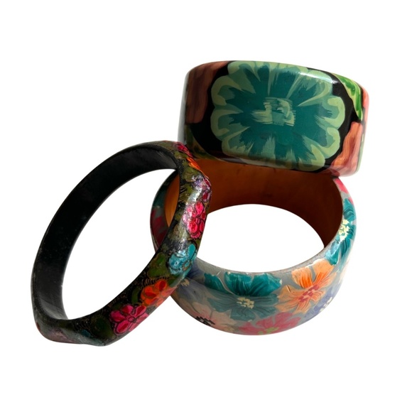 Group of 3Vintage Hand Painted Wood Bangle Bracelets - Picture 10 of 11